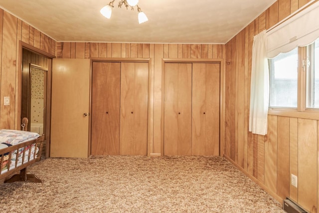 401 N 4th Ave, Chenoa, IL 61726 - unfurnished bedroom featuring multiple closets, carpet floors, and wood walls