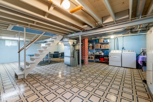 229 N Marion Ave, Bartlett, IL 60103 - basement with washer and dryer, tile patterned floors, stairway, and heating unit