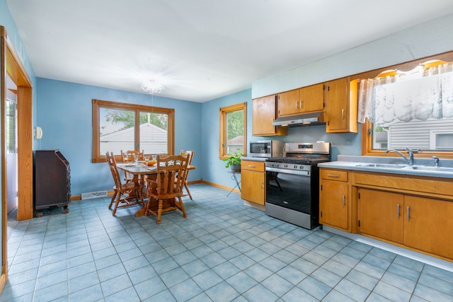 229 N Marion Ave, Bartlett, IL 60103 - kitchen featuring appliances with stainless steel finishes, a sink, under cabinet range hood, light countertops, and baseboards