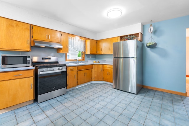 229 N Marion Ave, Bartlett, IL 60103 - kitchen with stainless steel appliances, under cabinet range hood, light countertops, baseboards, and a sink