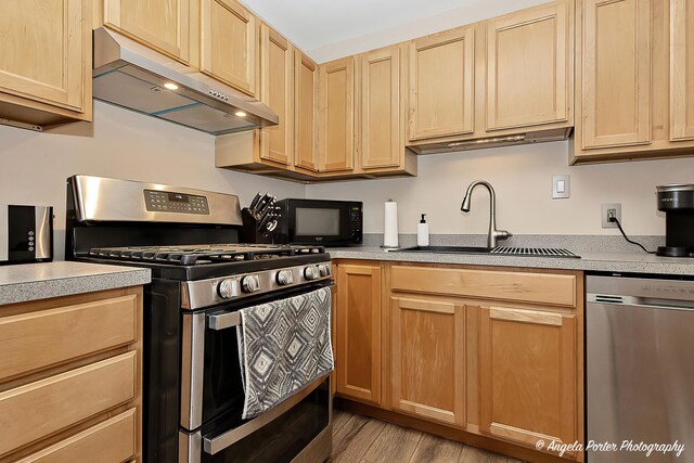 1503 Channel Beach Ave, Johnsburg, IL 60051 - kitchen featuring appliances with stainless steel finishes, under cabinet range hood, light brown cabinets, a sink, and light wood-style floors