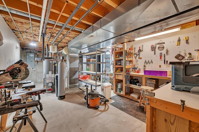 605 Feeney Dr, Minooka, IL 60447 - unfinished below grade area featuring a workshop area, electric panel, and water heater