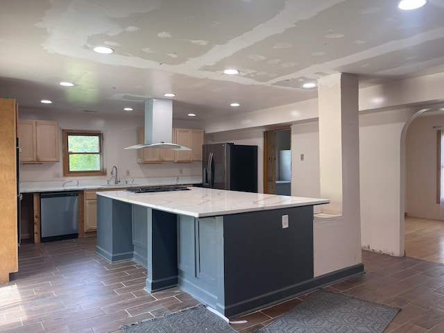 3400 N Buffalo Grove Rd, Arlington Heights, IL 60004 - kitchen featuring stainless steel appliances, island exhaust hood, light brown cabinets, a center island, and wood tiled floors
