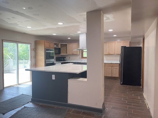 3400 N Buffalo Grove Rd, Arlington Heights, IL 60004 - kitchen featuring stainless steel appliances, wall chimney range hood, light brown cabinetry, recessed lighting, and open shelves