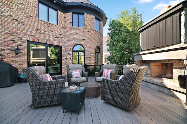 45 Silo Ridge Rd, Orland Park, IL 60467 - wooden deck with an outdoor living space with a fireplace and a grill