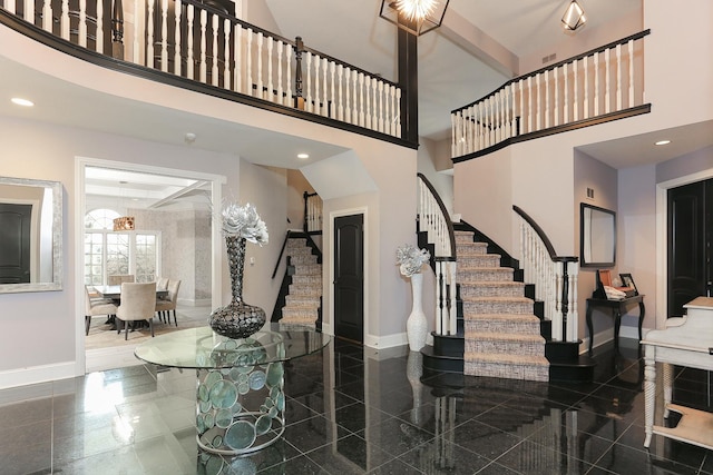 45 Silo Ridge Rd, Orland Park, IL 60467 - foyer featuring stairway, baseboards, a towering ceiling, granite tiled floors, and recessed lighting