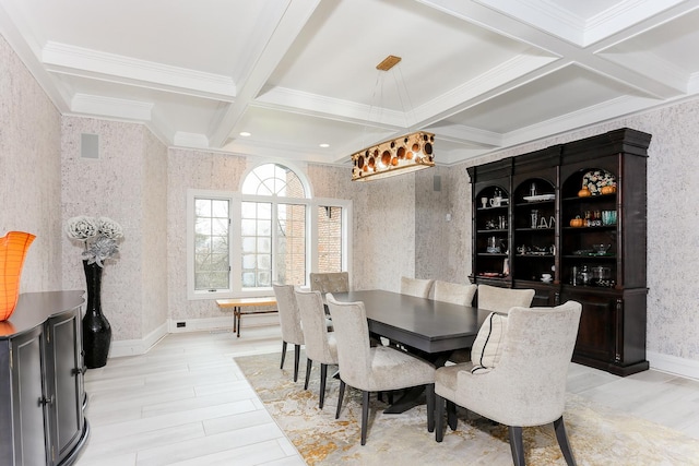 45 Silo Ridge Rd, Orland Park, IL 60467 - dining area featuring coffered ceiling, wallpapered walls, beam ceiling, light wood-type flooring, and ornamental molding