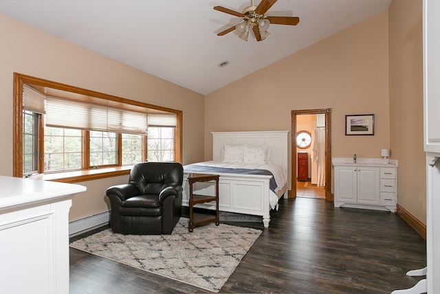 45 Silo Ridge Rd, Orland Park, IL 60467 - bedroom with a baseboard heating unit, dark wood finished floors, high vaulted ceiling, ceiling fan, and baseboards