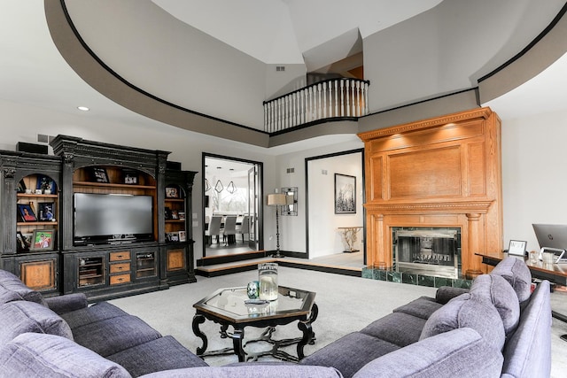 45 Silo Ridge Rd, Orland Park, IL 60467 - living area with a tile fireplace, carpet flooring, a high ceiling, and recessed lighting