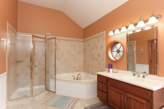 45 Silo Ridge Rd, Orland Park, IL 60467 - full bath featuring tile patterned floors, a stall shower, vanity, a garden tub, and vaulted ceiling