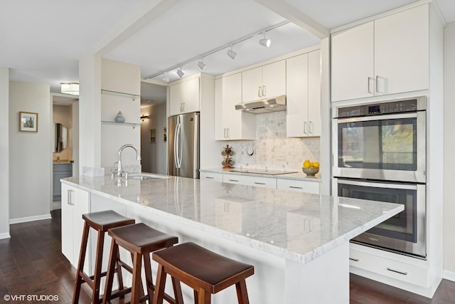 345 W Fullerton Pkwy Unit 601, Chicago, IL 60614 - kitchen with stainless steel appliances, a sink, baseboards, decorative backsplash, and dark wood finished floors