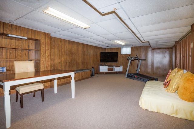 203 S Hershey Rd, Bloomington, IL 61704 - rec room featuring wooden walls, a drop ceiling, and carpet floors