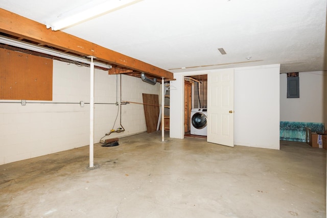 203 S Hershey Rd, Bloomington, IL 61704 - unfinished below grade area with washer / dryer, electric panel, and concrete block wall