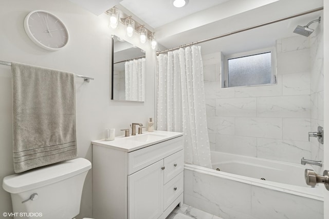 4428 N Racine Ave Unit Gn, Chicago, IL 60640 - full bathroom with marble look tile flooring, vanity, a combined bath / shower with marble appearance, and toilet