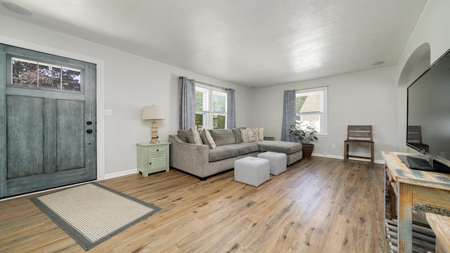 325 Goodrich St, Belvidere, IL 61008 - living room with light wood finished floors, arched walkways, and baseboards