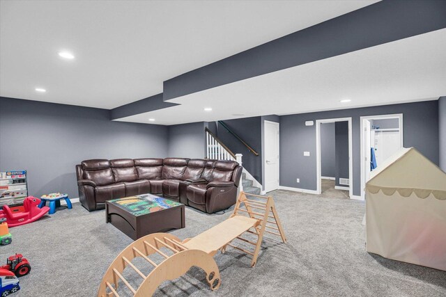 1407 Winterberry Rd, Savoy, IL 61874 - living area featuring carpet, recessed lighting, and stairway