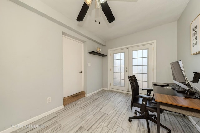 221 Cornwall Dr, Crete, IL 60417 - home office featuring french doors, ceiling fan, wood tiled floors, and baseboards