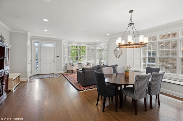 3414 N Bell Ave, Chicago, IL 60618 - dining room featuring a chandelier, crown molding, wood finished floors, baseboards, and recessed lighting