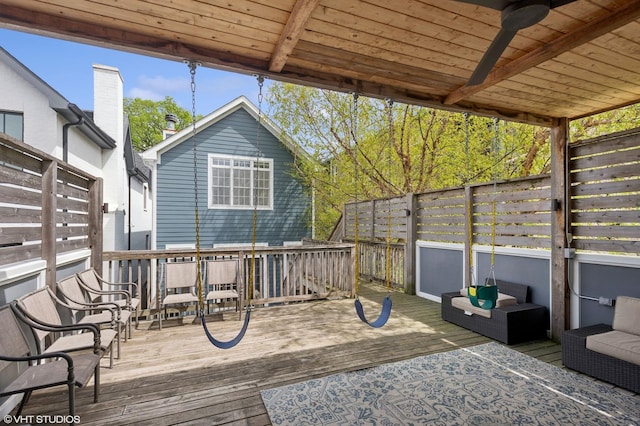3414 N Bell Ave, Chicago, IL 60618 - wooden terrace with a ceiling fan and an outdoor hangout area