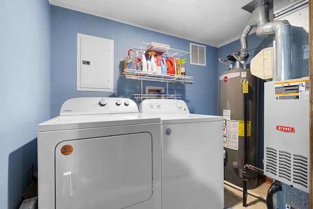 16203 Fox Ct, Orland Hills, IL 60487 - laundry area featuring electric panel, washer and dryer, and water heater