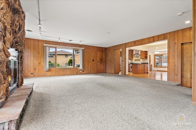 9258 Clancy Dr, Des Plaines, IL 60016 - unfurnished living room featuring light colored carpet, track lighting, wooden walls, and a fireplace