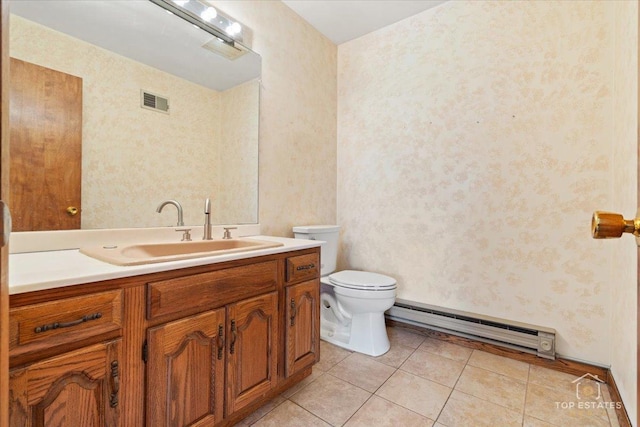 9258 Clancy Dr, Des Plaines, IL 60016 - bathroom featuring a baseboard heating unit, wallpapered walls, tile patterned floors, vanity, and toilet