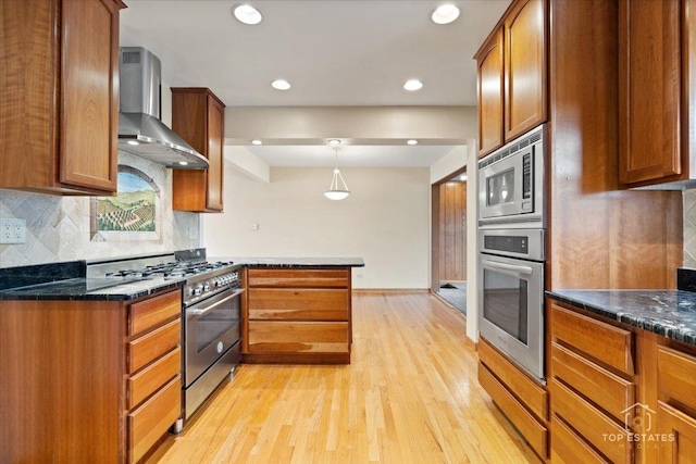 9258 Clancy Dr, Des Plaines, IL 60016 - kitchen featuring stainless steel appliances, wall chimney exhaust hood, light wood finished floors, a peninsula, and tasteful backsplash