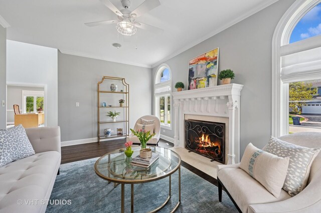 3118 Oliver Ln, Northbrook, IL 60062 - living room with plenty of natural light, a high end fireplace, wood finished floors, ornamental molding, and a ceiling fan