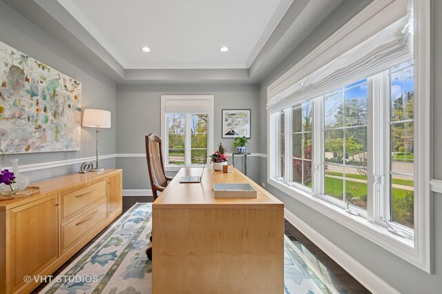 3118 Oliver Ln, Northbrook, IL 60062 - office area featuring plenty of natural light, wood finished floors, baseboards, a tray ceiling, and recessed lighting