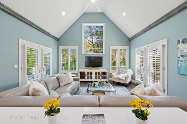 3118 Oliver Ln, Northbrook, IL 60062 - living room with french doors, high vaulted ceiling, wood finished floors, baseboards, and a ceiling fan