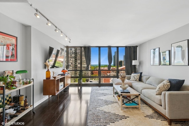 1636 N Wells St Unit 1107, Chicago, IL 60614 - living room featuring wood finished floors, rail lighting, expansive windows, and baseboards