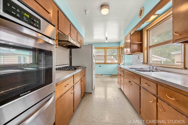 782 S Bryan St, Elmhurst, IL 60126 - kitchen with appliances with stainless steel finishes, a sink, decorative backsplash, under cabinet range hood, and light countertops