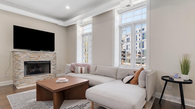 636 N Racine Ave Unit 2N, Chicago, IL 60642 - living area with baseboards, wood finished floors, a fireplace, and recessed lighting