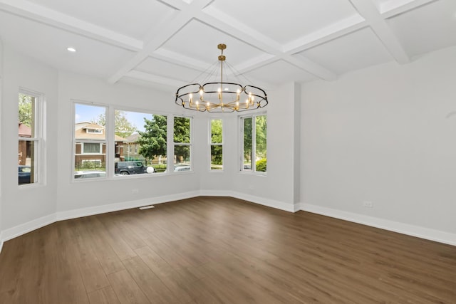 8114 S Paxton Ave, Chicago, IL 60617 - spare room featuring coffered ceiling, dark wood-type flooring, baseboards, a chandelier, and beamed ceiling
