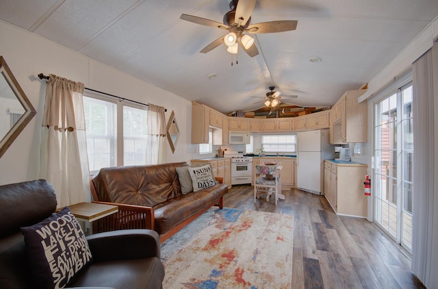 195 Fossil Cove Ln, Wilmington, IL 60481 - living area with lofted ceiling, wood finished floors, and a ceiling fan