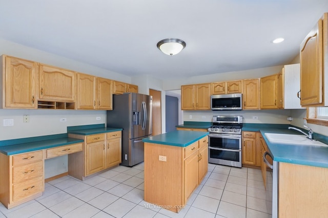 2853 Coastal Dr, Aurora, IL 60503 - kitchen featuring appliances with stainless steel finishes, a sink, a kitchen island, open shelves, and light tile patterned floors