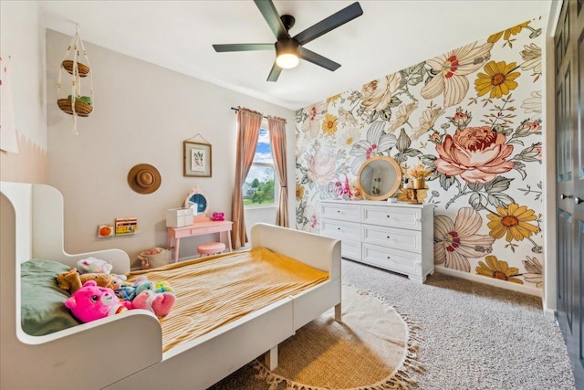 26143 S White Oak Trl, Channahon, IL 60410 - carpeted bedroom with baseboards, wallpapered walls, and ceiling fan
