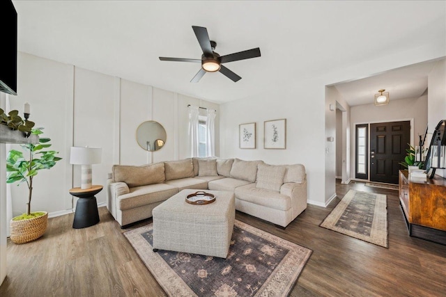 26143 S White Oak Trl, Channahon, IL 60410 - living area featuring ceiling fan, wood finished floors, and baseboards