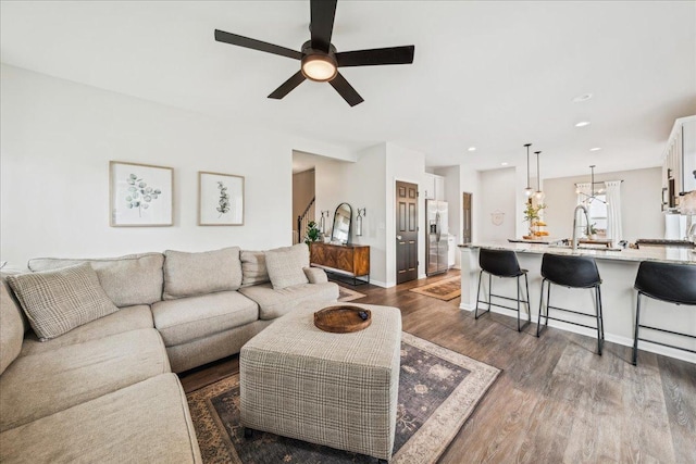 26143 S White Oak Trl, Channahon, IL 60410 - living room with ceiling fan, dark wood finished floors, baseboards, and recessed lighting