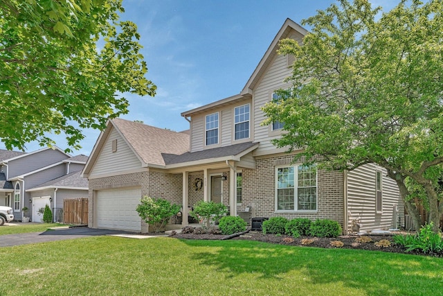 633 Salem Cir, Oswego, IL 60543 - traditional home featuring brick siding, driveway, a front lawn, a shingled roof, and a garage