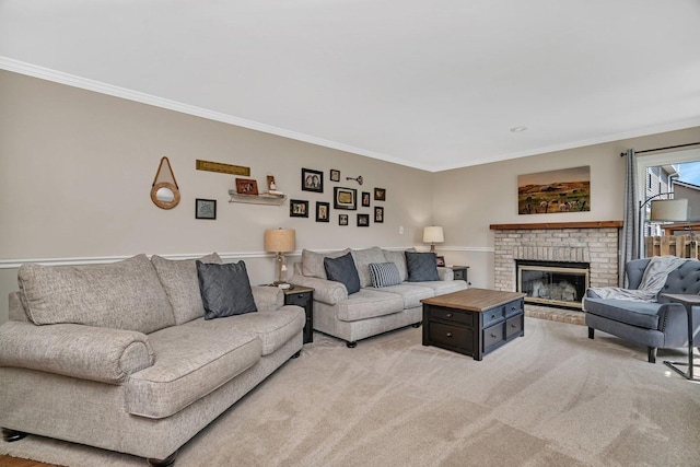 633 Salem Cir, Oswego, IL 60543 - living area with ornamental molding, a brick fireplace, and light carpet