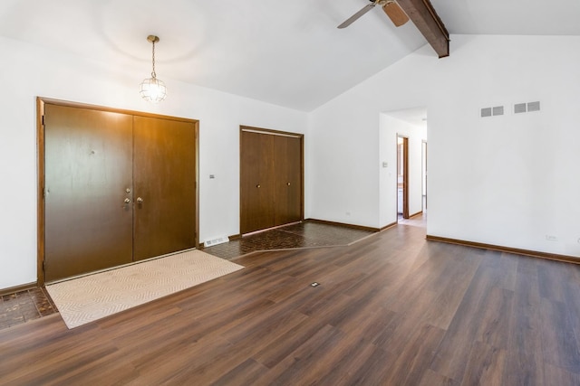 26 Marina Dr, Des Plaines, IL 60016 - entrance foyer featuring beam ceiling, dark wood-style flooring, a ceiling fan, baseboards, and high vaulted ceiling