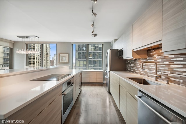 2 E Erie St Unit 1605, Chicago, IL 60611 - kitchen featuring stainless steel appliances, a sink, modern cabinets, light wood-style floors, and backsplash