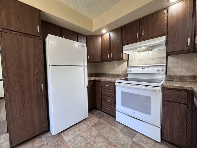 600 E 7th St, Rock Falls, IL 61071 - kitchen featuring white appliances, under cabinet range hood, backsplash, a textured ceiling, and dark brown cabinets