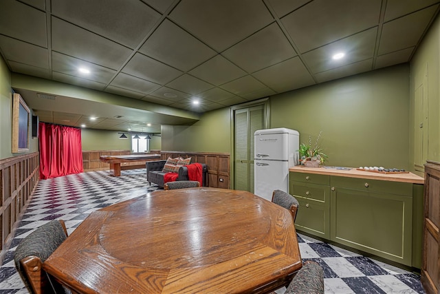 15905 Rolland Dr, Manhattan, IL 60442 - dining room featuring tile patterned floors, billiards table, wainscoting, and a paneled ceiling
