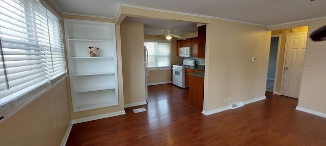 8923 S Main St, Hometown, IL 60456 - kitchen featuring white appliances, dark wood finished floors, baseboards, and crown molding