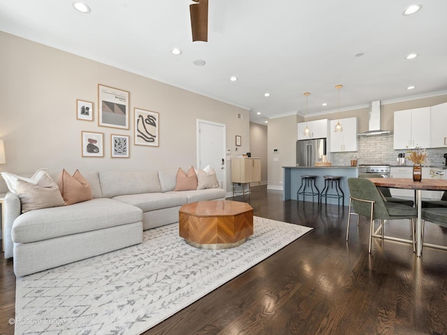 3037 W Belmont Ave Unit 2W, Chicago, IL 60618 - living area featuring crown molding, dark wood-style flooring, recessed lighting, baseboards, and a ceiling fan