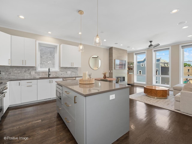 3037 W Belmont Ave Unit 2W, Chicago, IL 60618 - kitchen featuring a sink, open floor plan, tasteful backsplash, a center island, and dark wood finished floors