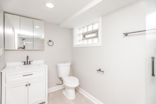 2101 W 82nd Pl, Chicago, IL 60620 - bathroom featuring baseboards, vanity, toilet, a shower, and recessed lighting
