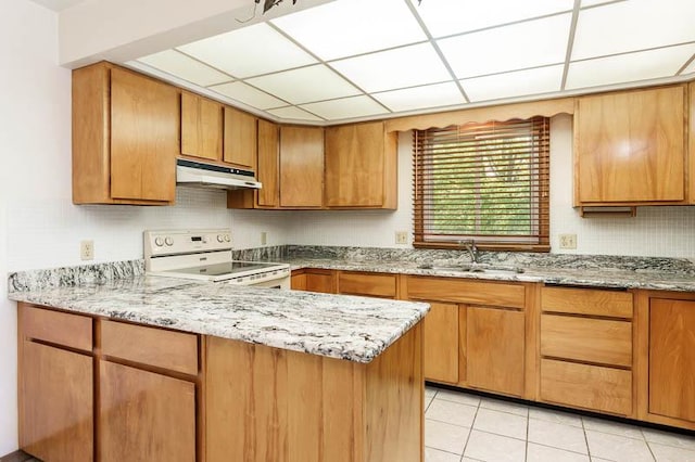 1322 Empire Ct, Freeport, IL 61032 - kitchen with white range with electric cooktop, a sink, under cabinet range hood, a peninsula, and light tile patterned flooring